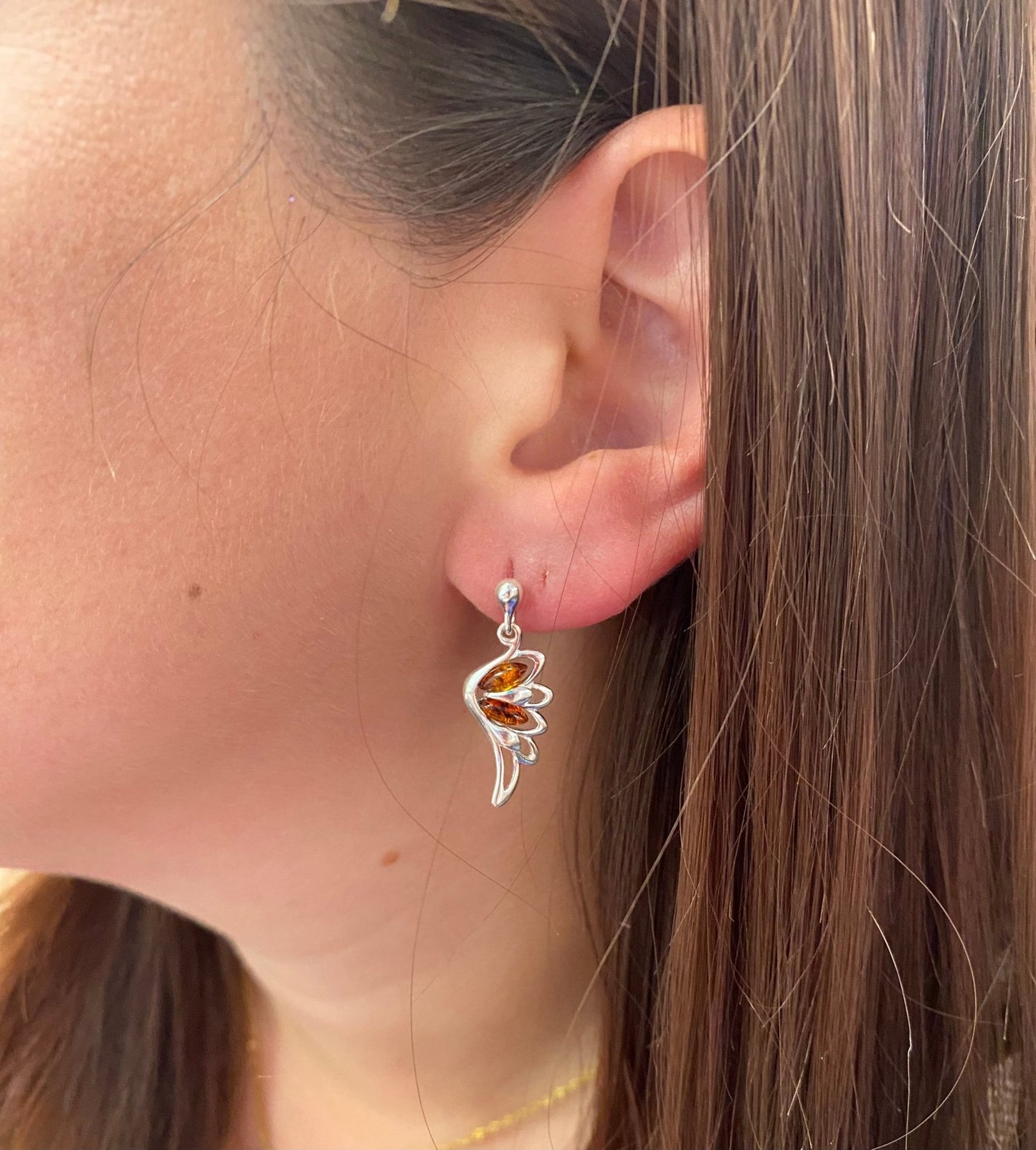 Angel Wing Stud Earrings in Sterling Silver with Cognac Baltic Amber - Louise's Jewellery Box