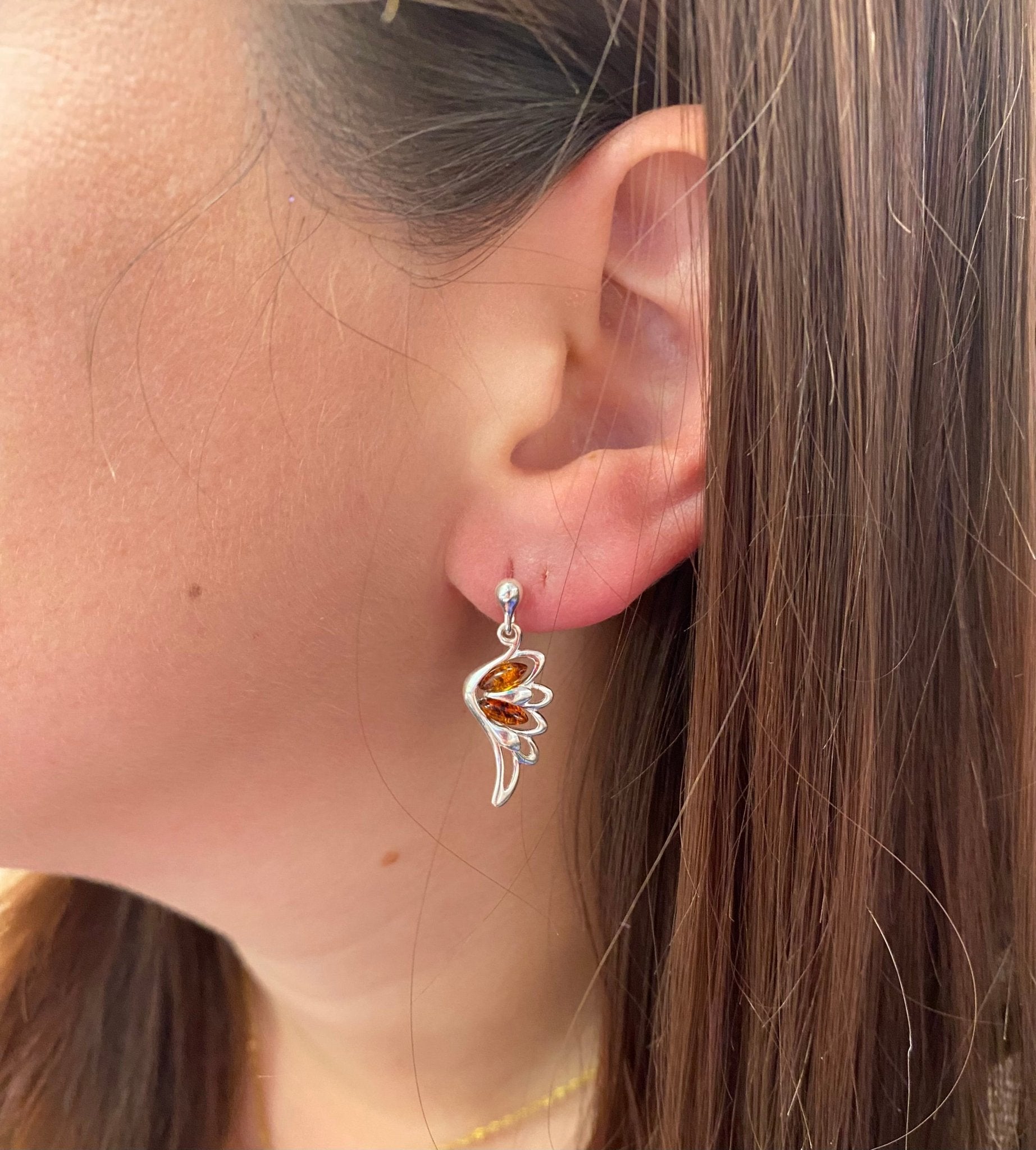 Angel Wing Stud Earrings in Sterling Silver with Cognac Baltic Amber - Louise's Jewellery Box