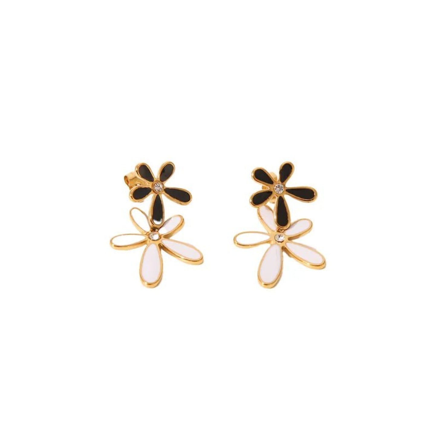 Black and White Flower Waterproof Earrings with Crystals - Louise's Jewellery Box