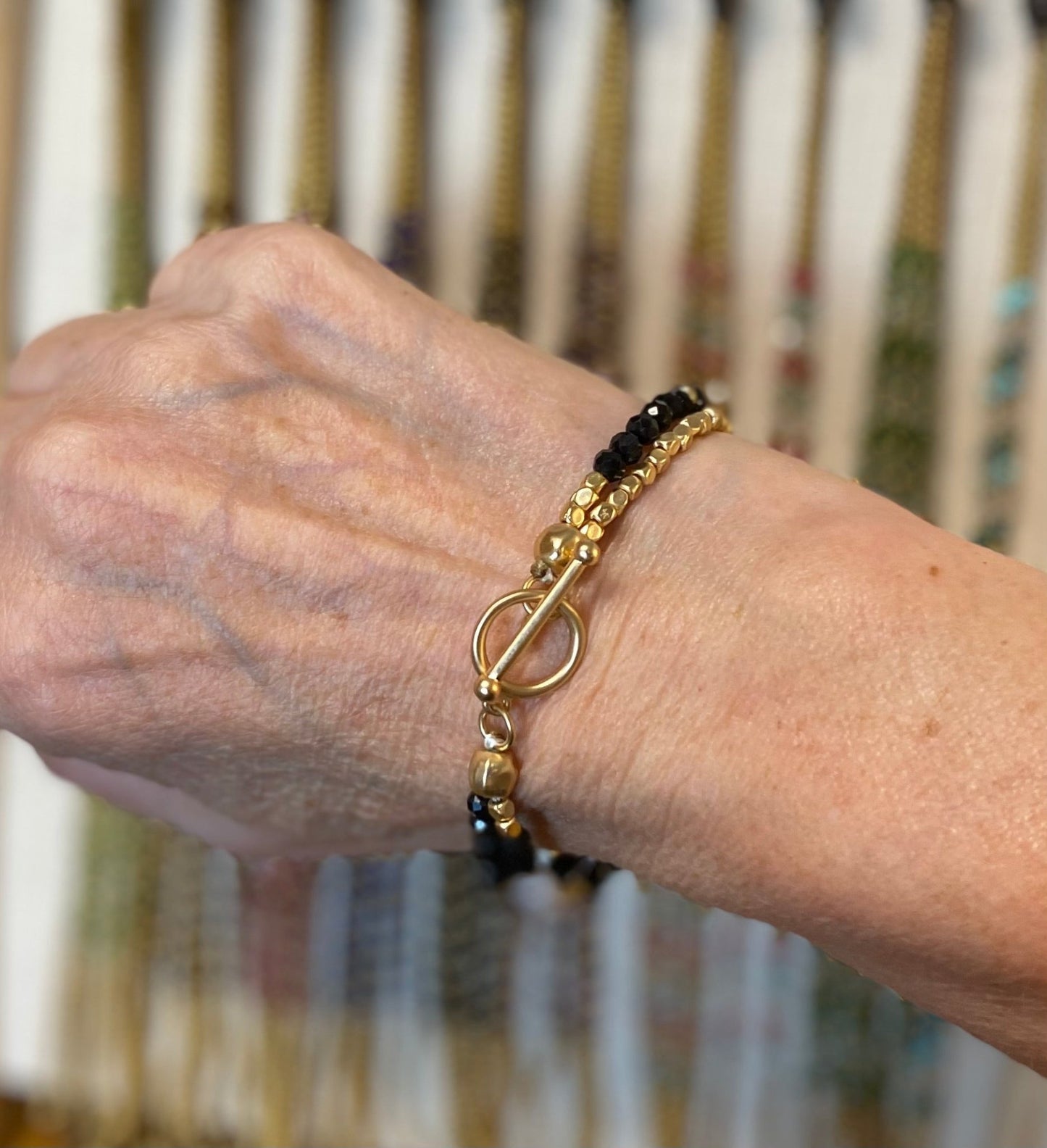 Black Onyx and Pearl Double Bracelet with T - Bar Fastening - Louise's Jewellery Box