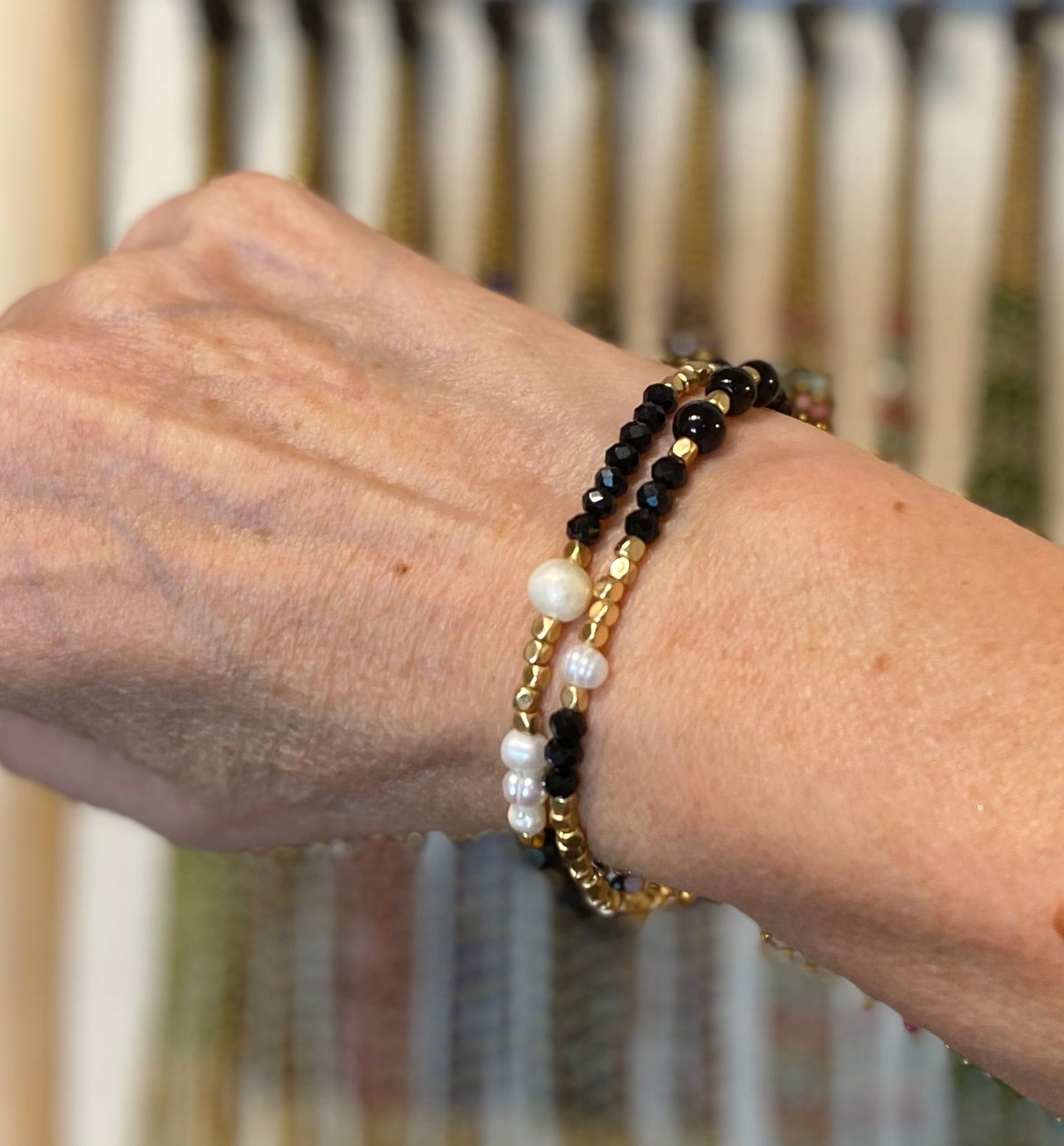 Black Onyx and Pearl Double Bracelet with T - Bar Fastening - Louise's Jewellery Box
