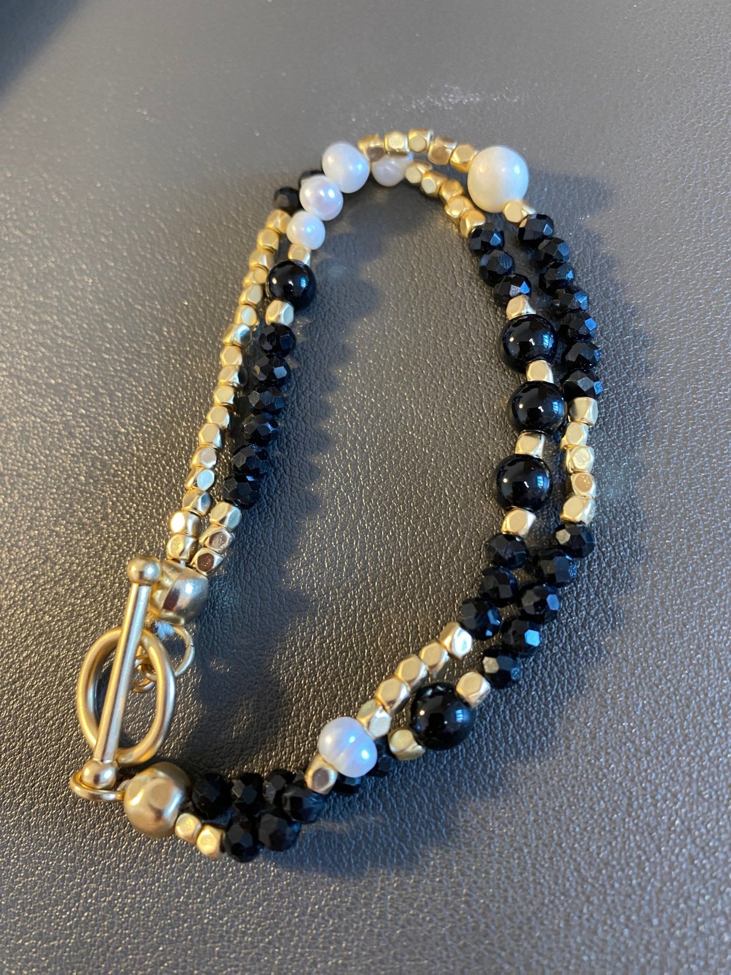 Black Onyx and Pearl Double Bracelet with T - Bar Fastening - Louise's Jewellery Box