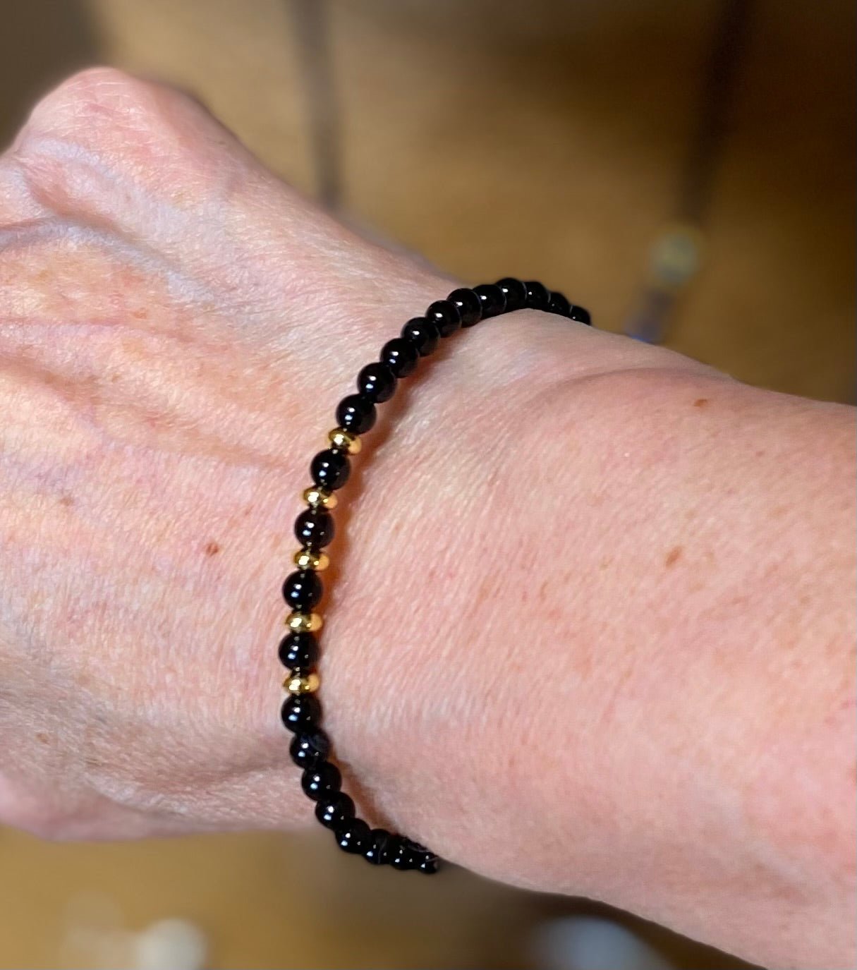Black Onyx Stretch Bracelet with Gold Plating - Louise's Jewellery Box