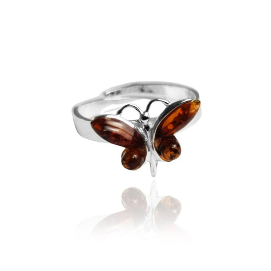 Butterfly Adjustable Ring in Sterling Silver with Cognac Baltic Amber - Louise's Jewellery Box
