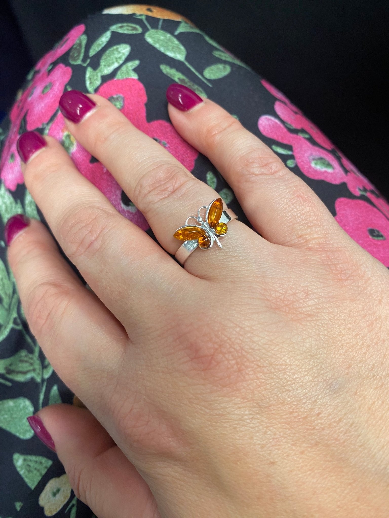 Butterfly Adjustable Ring in Sterling Silver with Cognac Baltic Amber - Louise's Jewellery Box