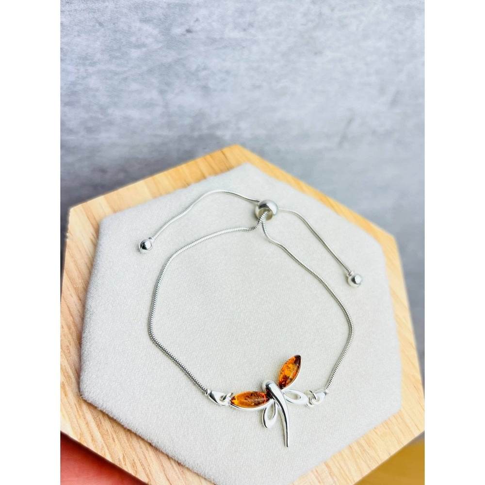 Butterfly Bracelet in Sterling Silver and Cognac Baltic Amber - Louise's Jewellery Box
