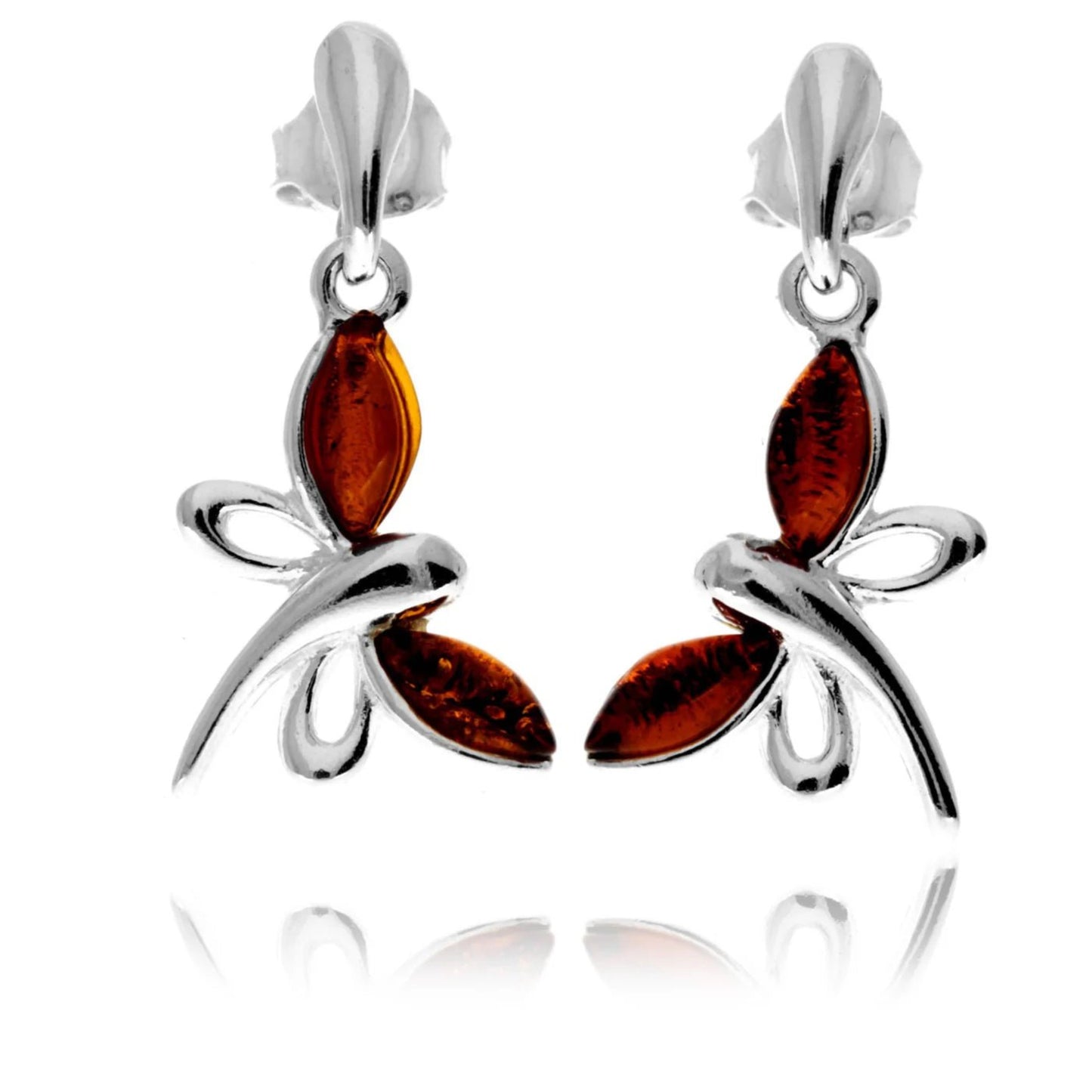 Butterfly drop stud earrings in sterling silver with cognac Baltic amber, dragonfly style.