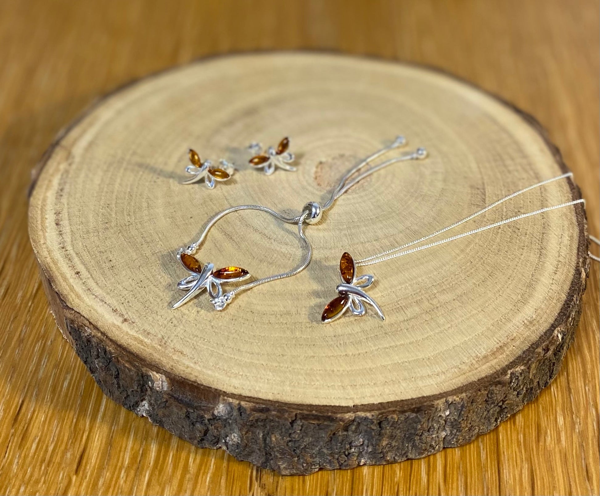 Butterfly Stud Earrings in Sterling Silver with Cognac Baltic Amber - Louise's Jewellery Box