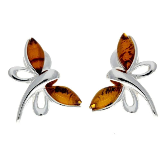 Butterfly Stud Earrings in Sterling Silver with Cognac Baltic Amber - Louise's Jewellery Box