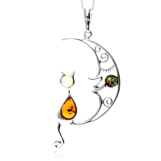 Cat on the Moon Pendant in Sterling Silver with Mixed Baltic Amber - Louise's Jewellery Box
