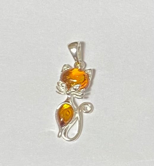 Cat Pendant in Sterling Silver with Cognac Baltic Amber - Louise's Jewellery Box