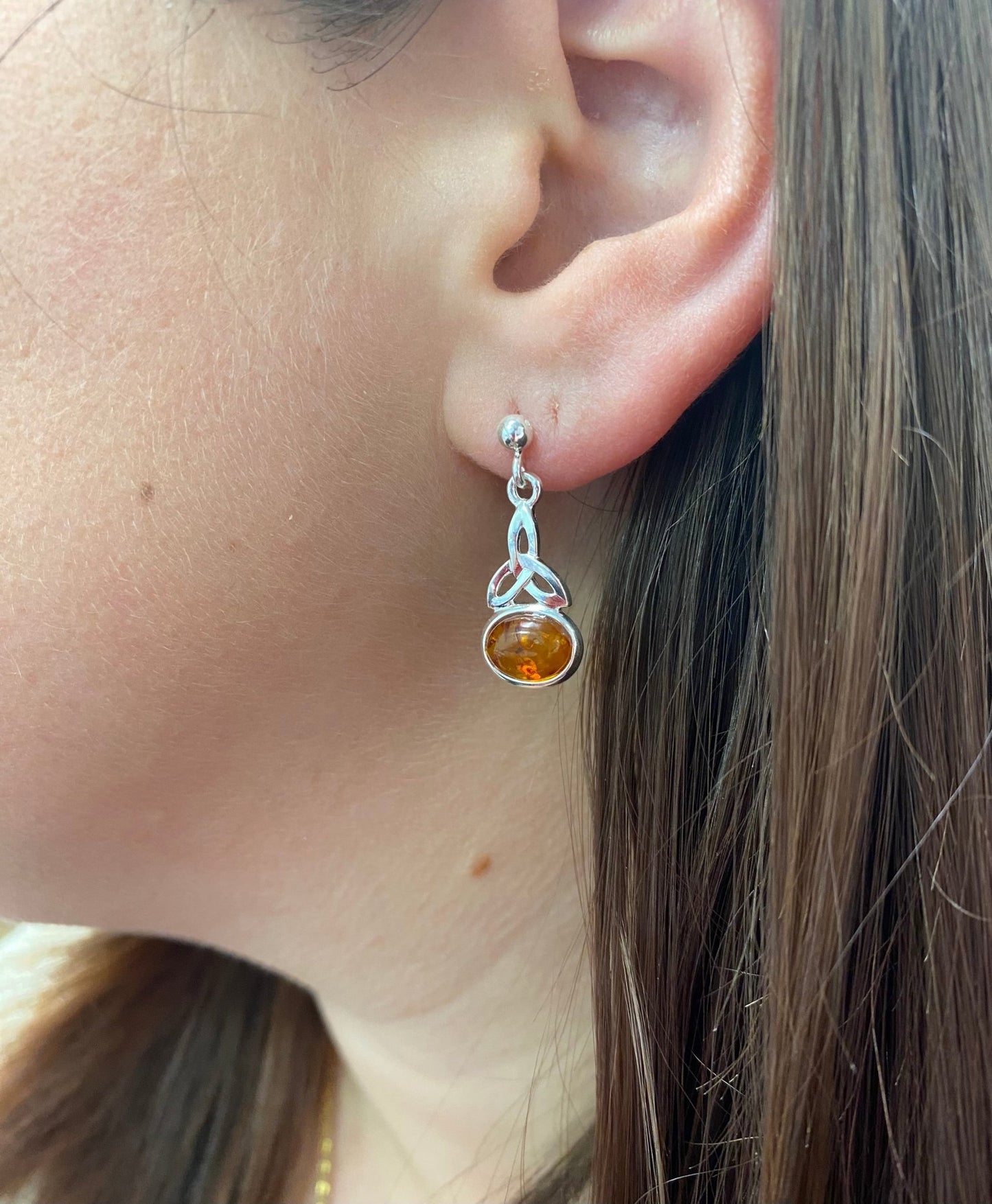 Celtic Drop Stud Earrings in Sterling Silver with Cognac Baltic Amber - Louise's Jewellery Box