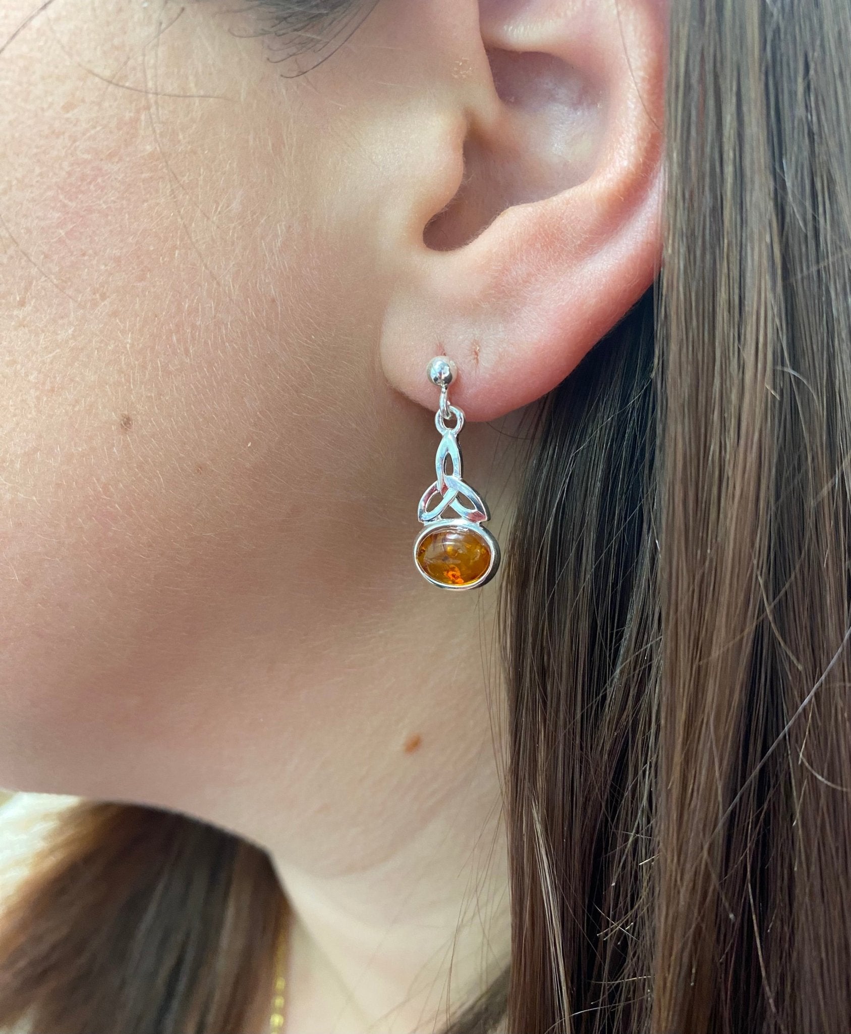Celtic Drop Stud Earrings in Sterling Silver with Cognac Baltic Amber - Louise's Jewellery Box