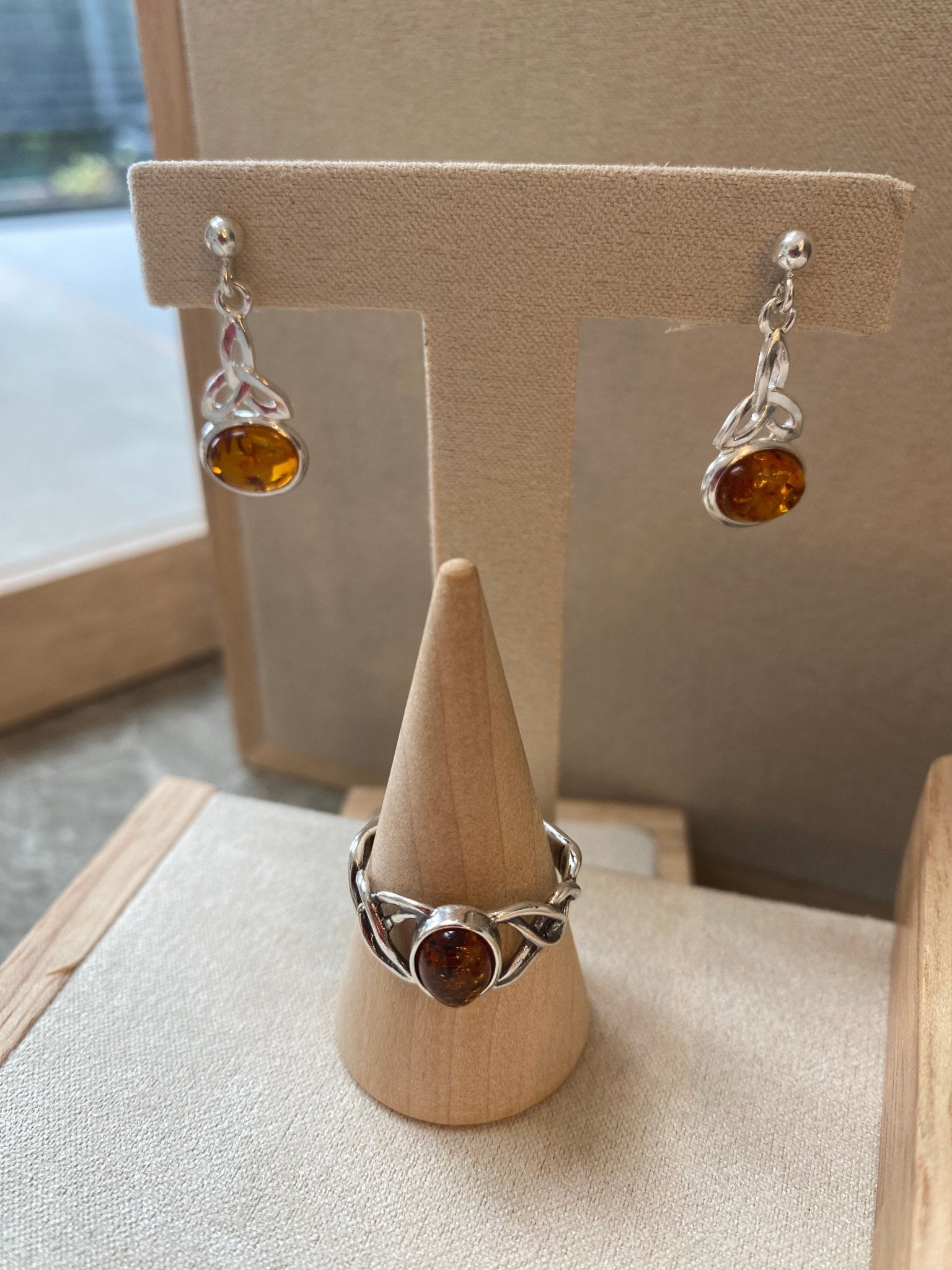 Celtic Drop Stud Earrings in Sterling Silver with Cognac Baltic Amber - Louise's Jewellery Box