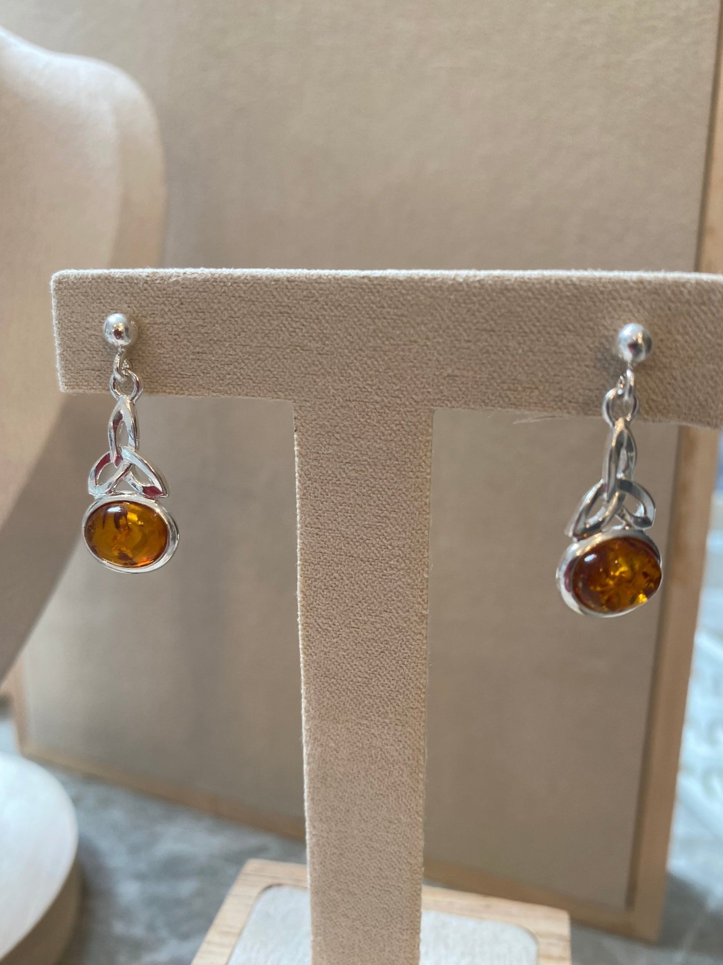 Celtic Drop Stud Earrings in Sterling Silver with Cognac Baltic Amber - Louise's Jewellery Box