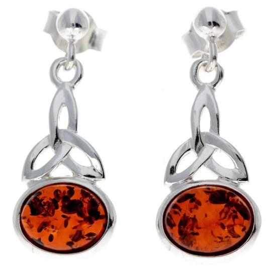 Celtic Drop Stud Earrings in Sterling Silver with Cognac Baltic Amber - Louise's Jewellery Box