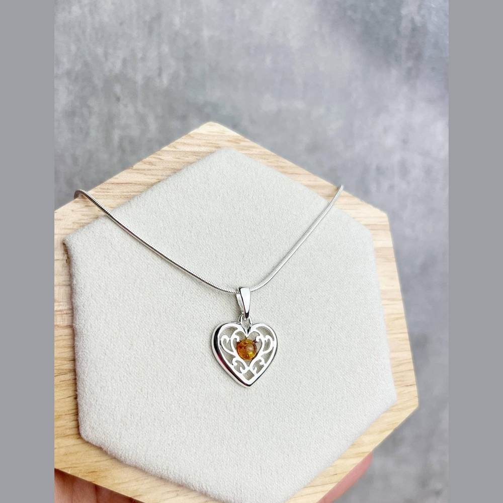 Celtic Heart Pendant in Sterling Silver with Cognac Baltic Amber - Louise's Jewellery Box