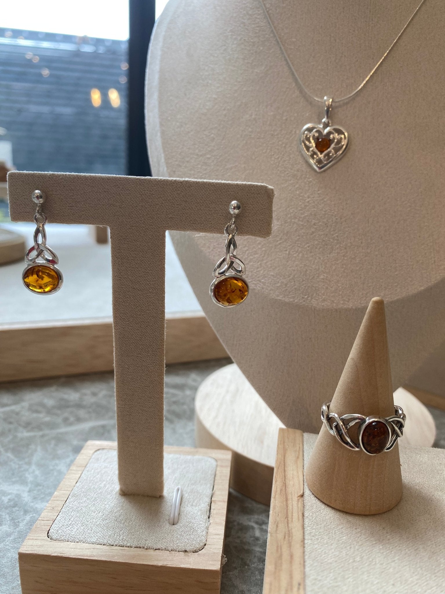 Celtic Heart Pendant in Sterling Silver with Cognac Baltic Amber - Louise's Jewellery Box
