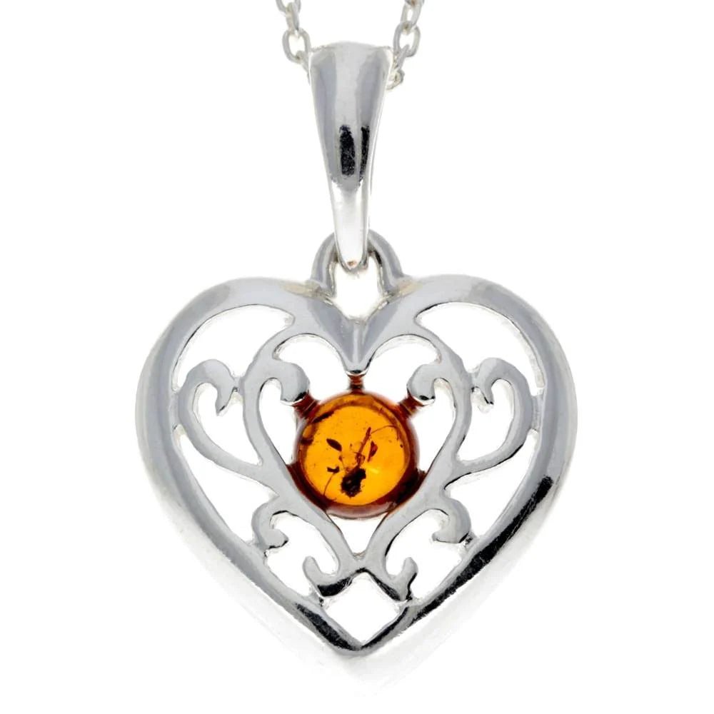 Celtic Heart Pendant in Sterling Silver with Cognac Baltic Amber - Louise's Jewellery Box