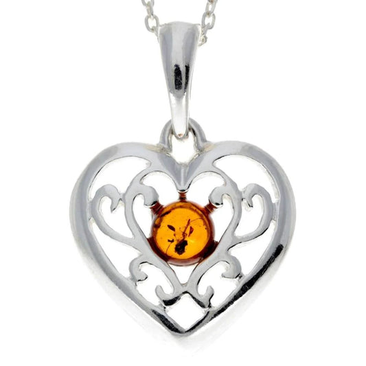 Celtic Heart Pendant in Sterling Silver with Cognac Baltic Amber - Louise's Jewellery Box