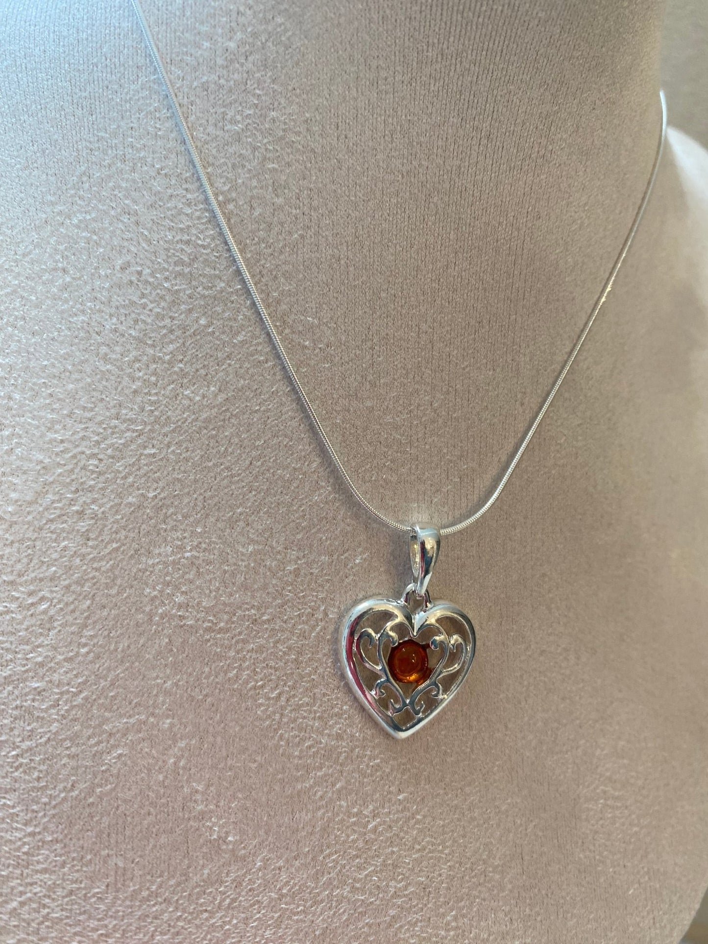 Celtic Heart Pendant in Sterling Silver with Cognac Baltic Amber - Louise's Jewellery Box