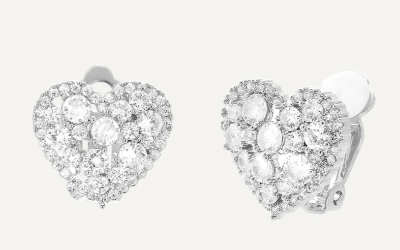 Elizabeth Crystal Heart Clip On Earrings in Rhodium Plate