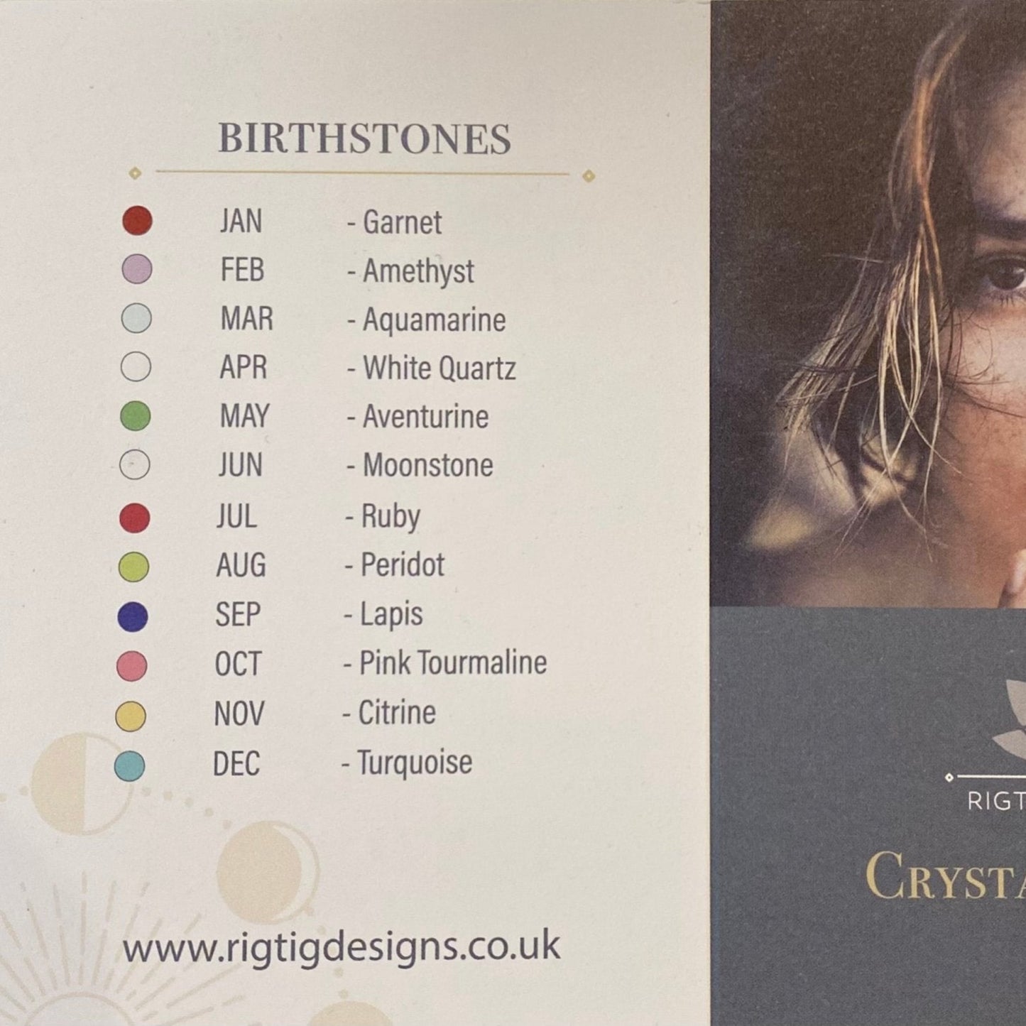 Birthstone chart for each month with its corresponding gemstone by Rigtig Designs, with gem colors listed.