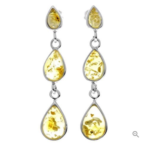 Drop Stud Earrings in Sterling Silver and Lemon Baltic Amber Teardrops - Louise's Jewellery Box