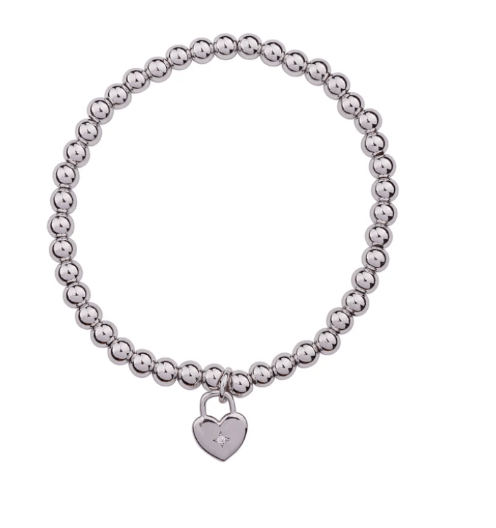 Emily Rhodium Plated Stretch Bracelet with Heart Charm - Louise's Jewellery Box