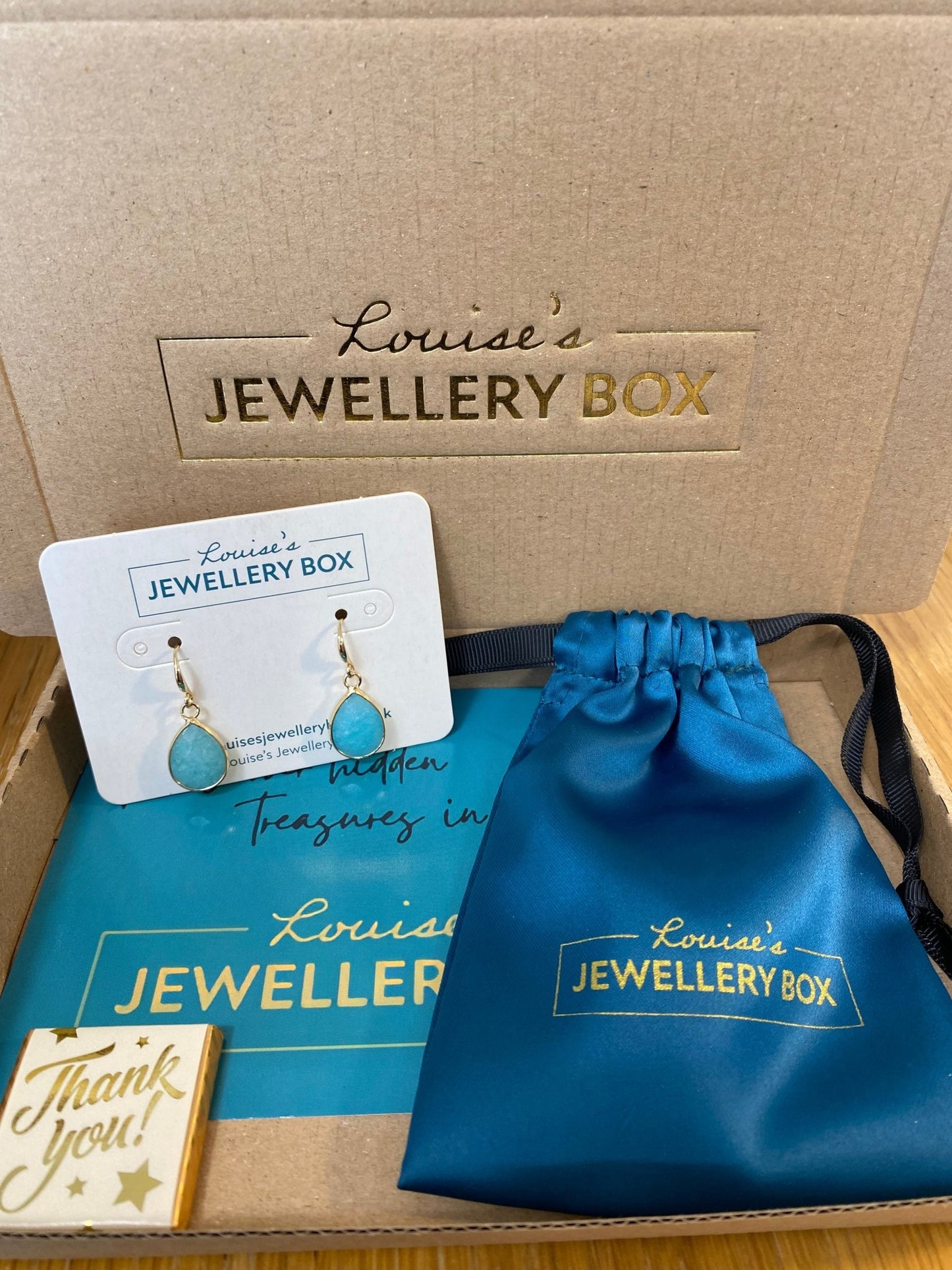 Gold Hook Earrings with Cerulean Blue Stone - Louise's Jewellery Box