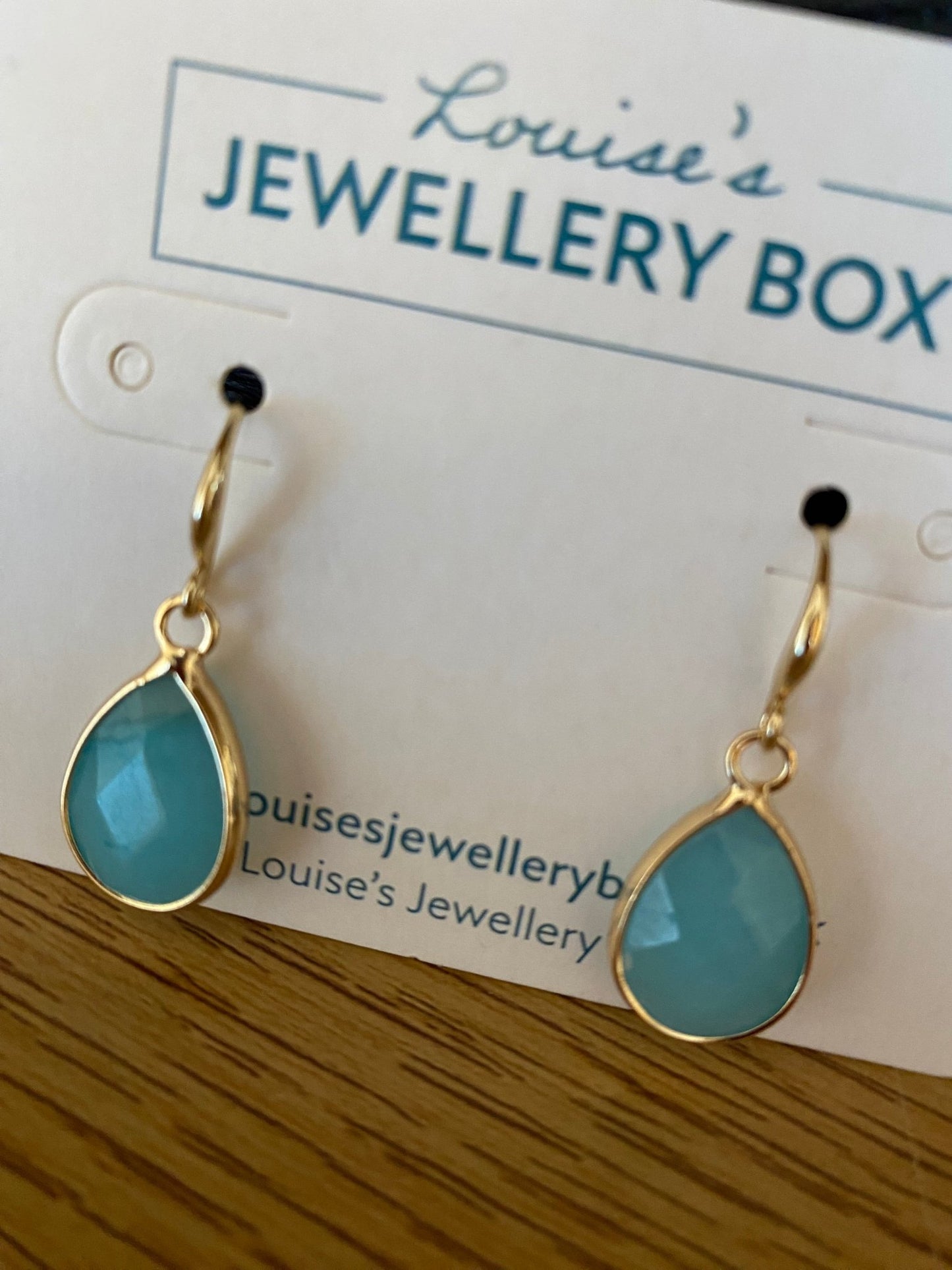 Gold Hook Earrings with Cerulean Blue Stone - Louise's Jewellery Box