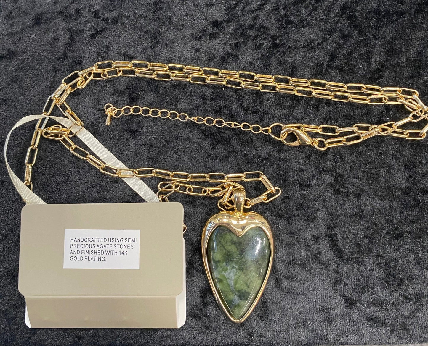 Gold Long Necklace with Green Agate Heart - Louise's Jewellery Box