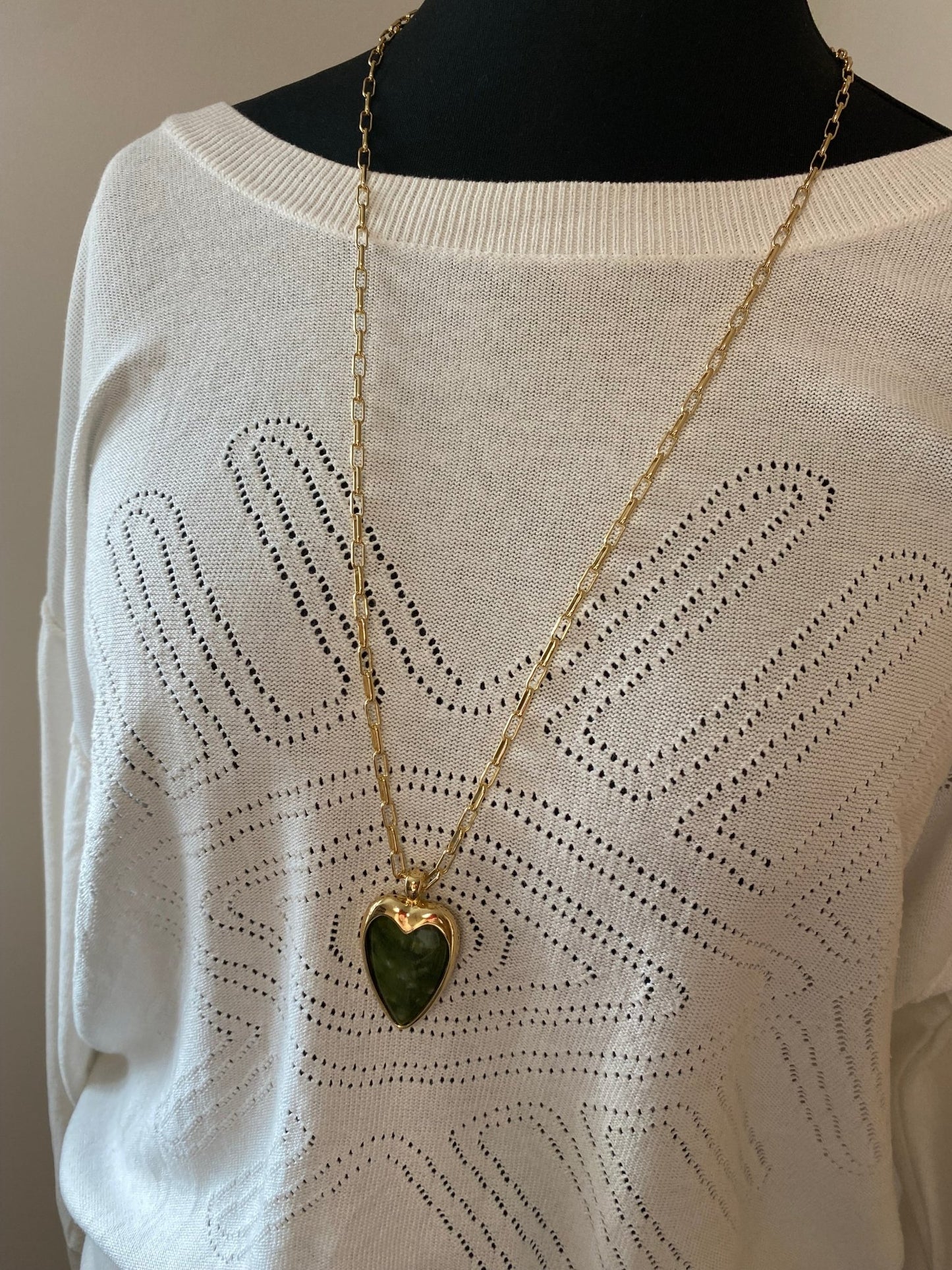 Gold Long Necklace with Green Agate Heart - Louise's Jewellery Box
