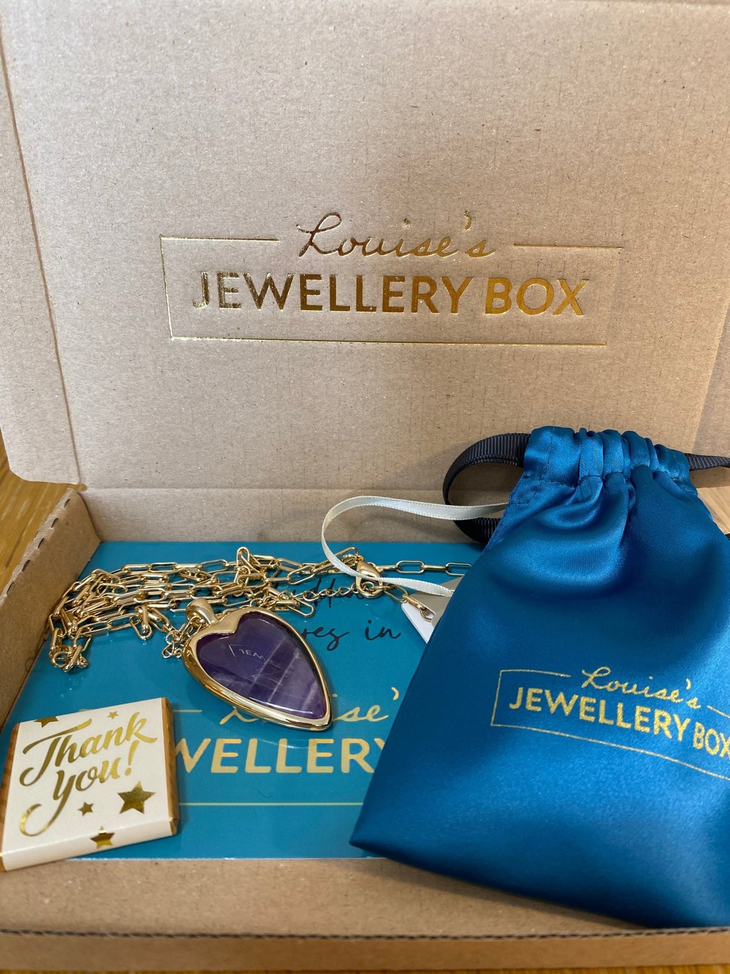 Gold Long Necklace with Purple Amethyst Heart - Louise's Jewellery Box
