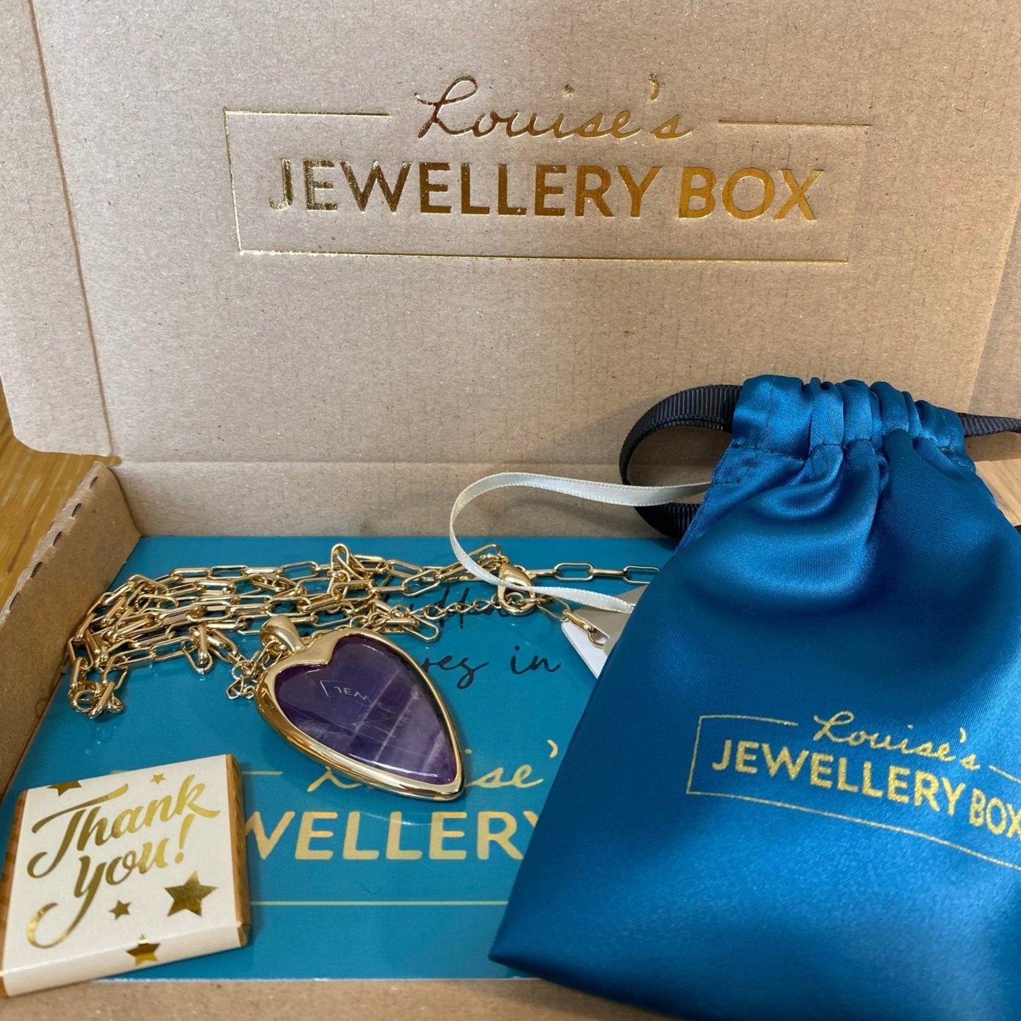 Gold Long Necklace with Purple Amethyst Heart - Louise's Jewellery Box