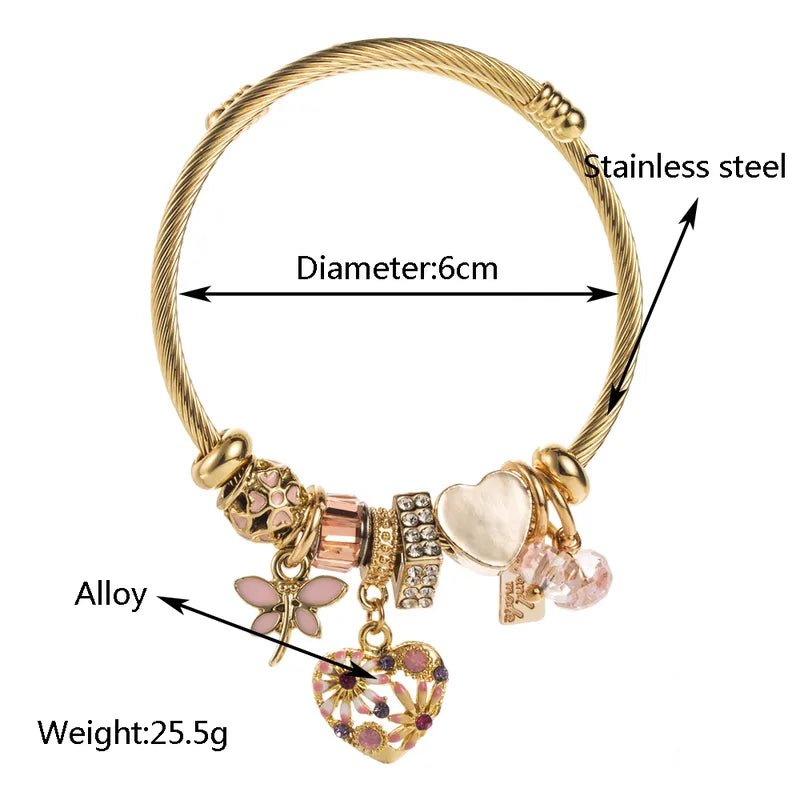 Gold Plated Waterproof Flexible Vangle with Pink Lucky Charms - Louise's Jewellery Box