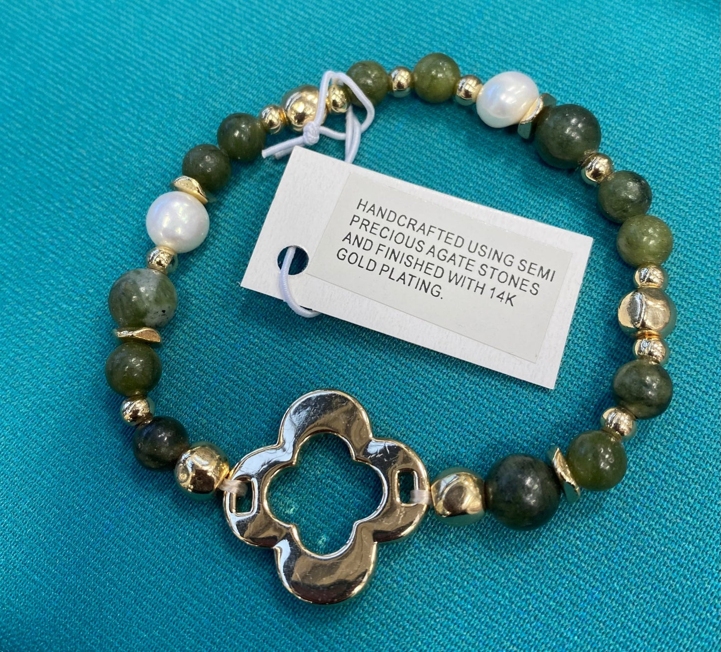 Green Agate and Pearl Gold Plated Stretch Flower Bracelet - Louise's Jewellery Box