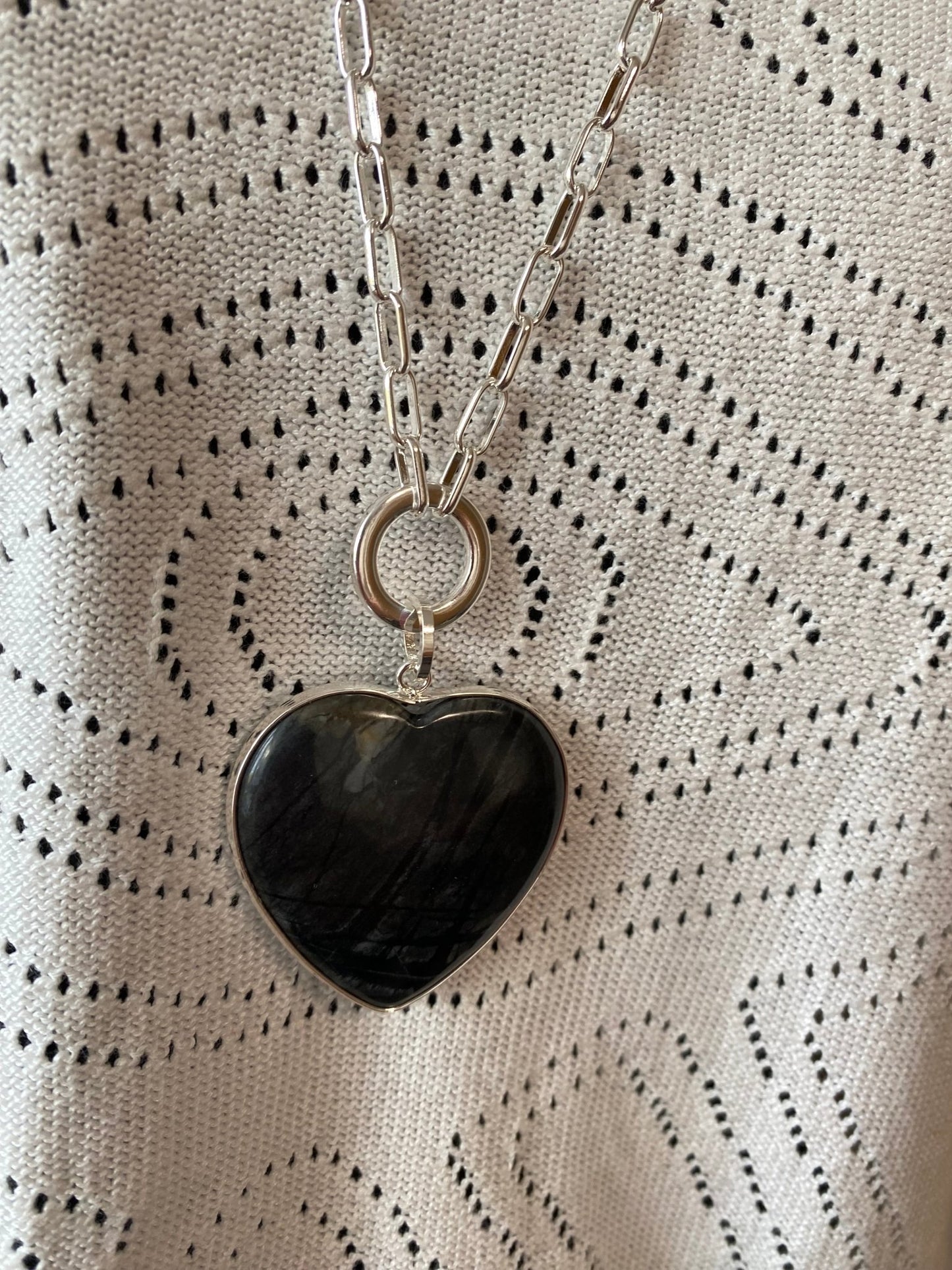 Grey Picasso Stone Marble Heart Pendant on Silver Plated Chain - Louise's Jewellery Box