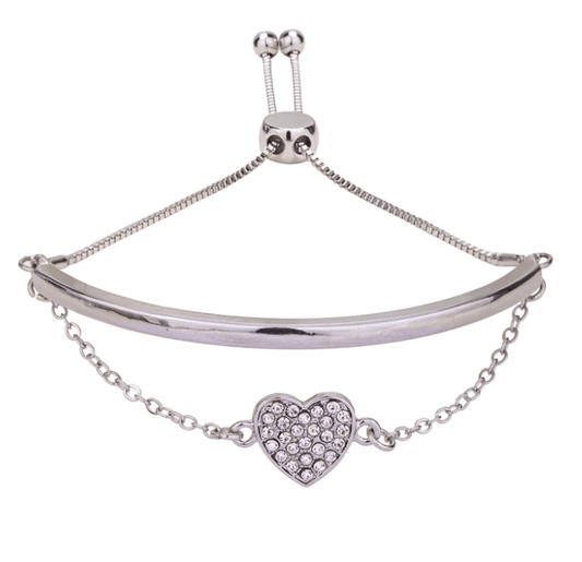 Heart Crystal and Rhodium Plated Drawstring Bracelet - Louise's Jewellery Box