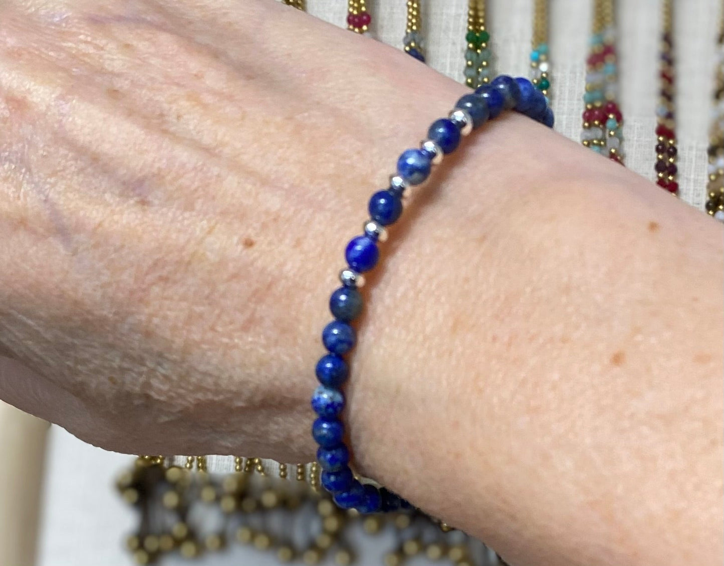 Lapis Stretch Bracelet with Silver Plated Beads - Louise's Jewellery Box