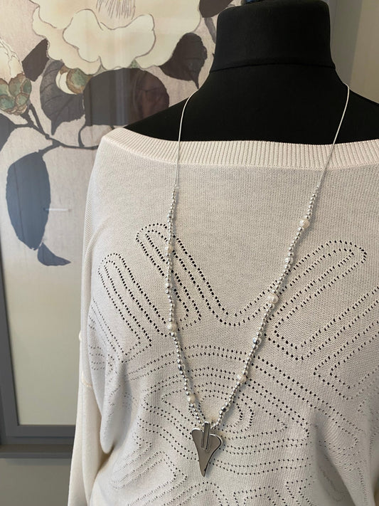 Long Silver Heart Necklace with Freshwater Pearls - Louise's Jewellery Box