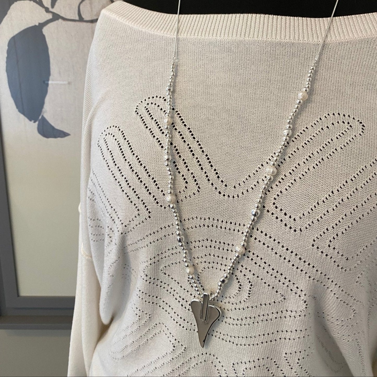 Long Silver Heart Necklace with Freshwater Pearls - Louise's Jewellery Box