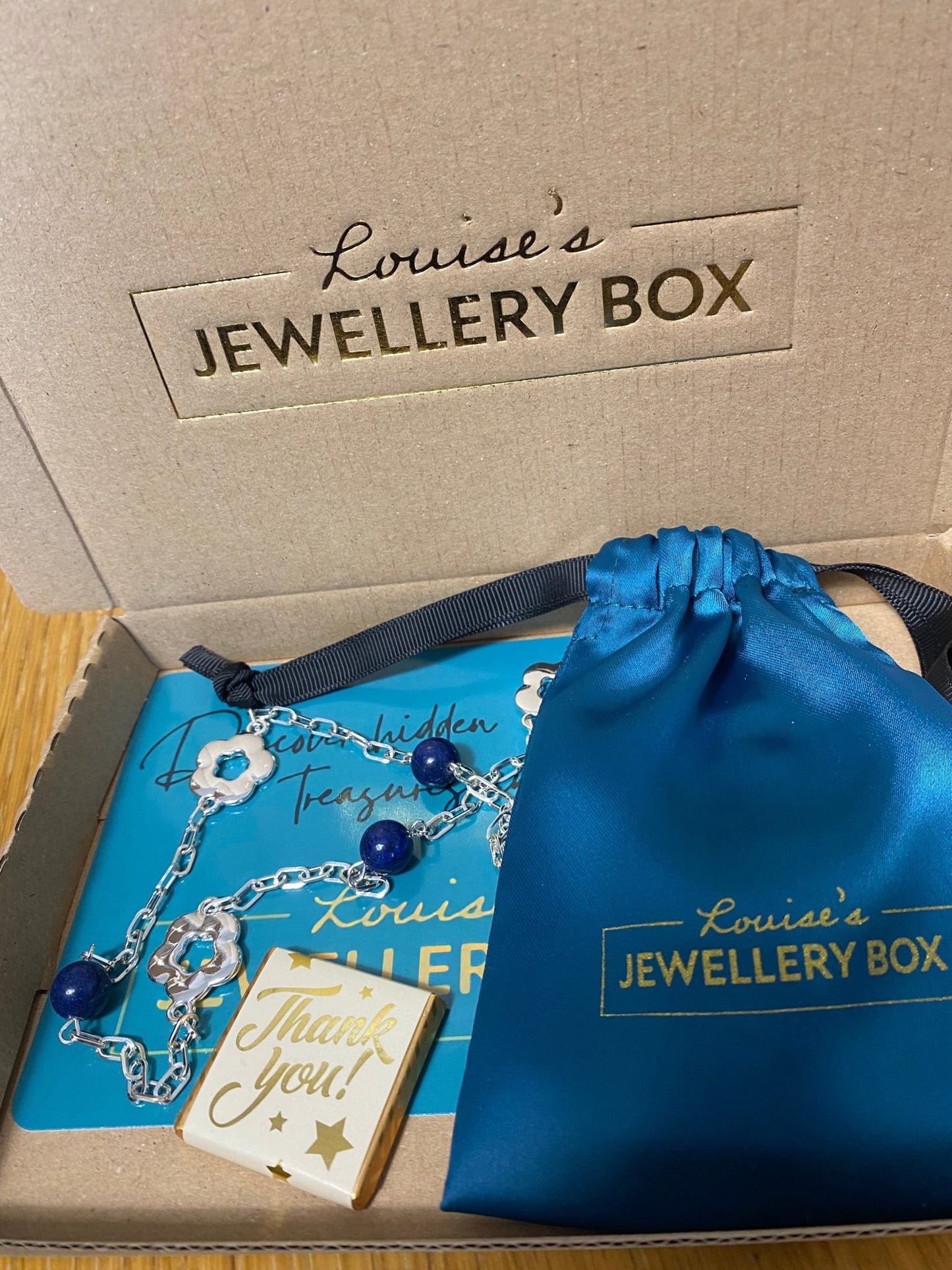 Long Silver Plated Necklace with Flower Motif and Lapis Stones - Louise's Jewellery Box