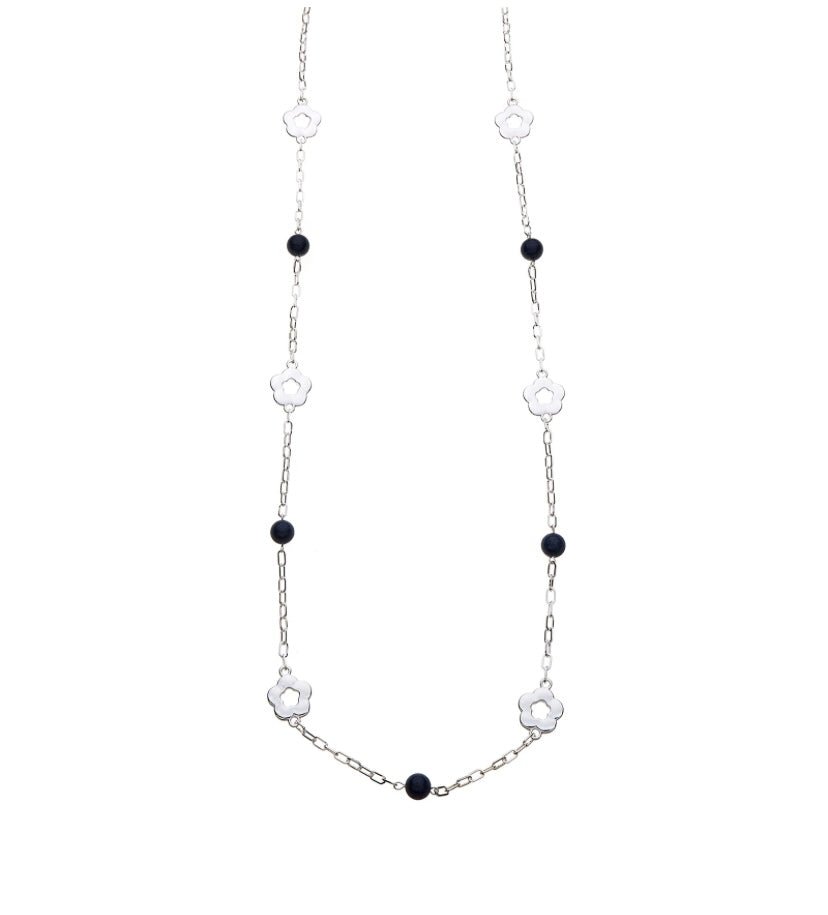 Long Silver Plated Necklace with Flower Motif and Lapis Stones - Louise's Jewellery Box