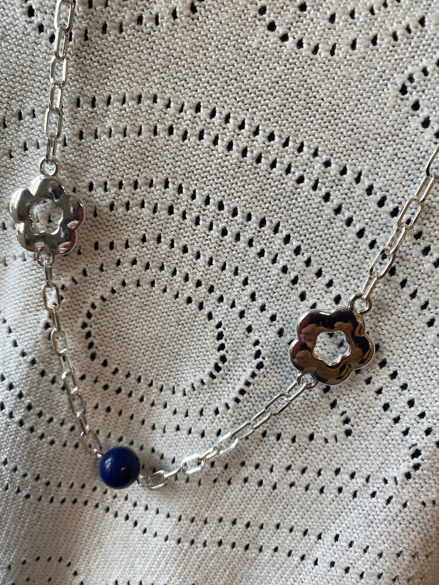 Long Silver Plated Necklace with Flower Motif and Lapis Stones - Louise's Jewellery Box