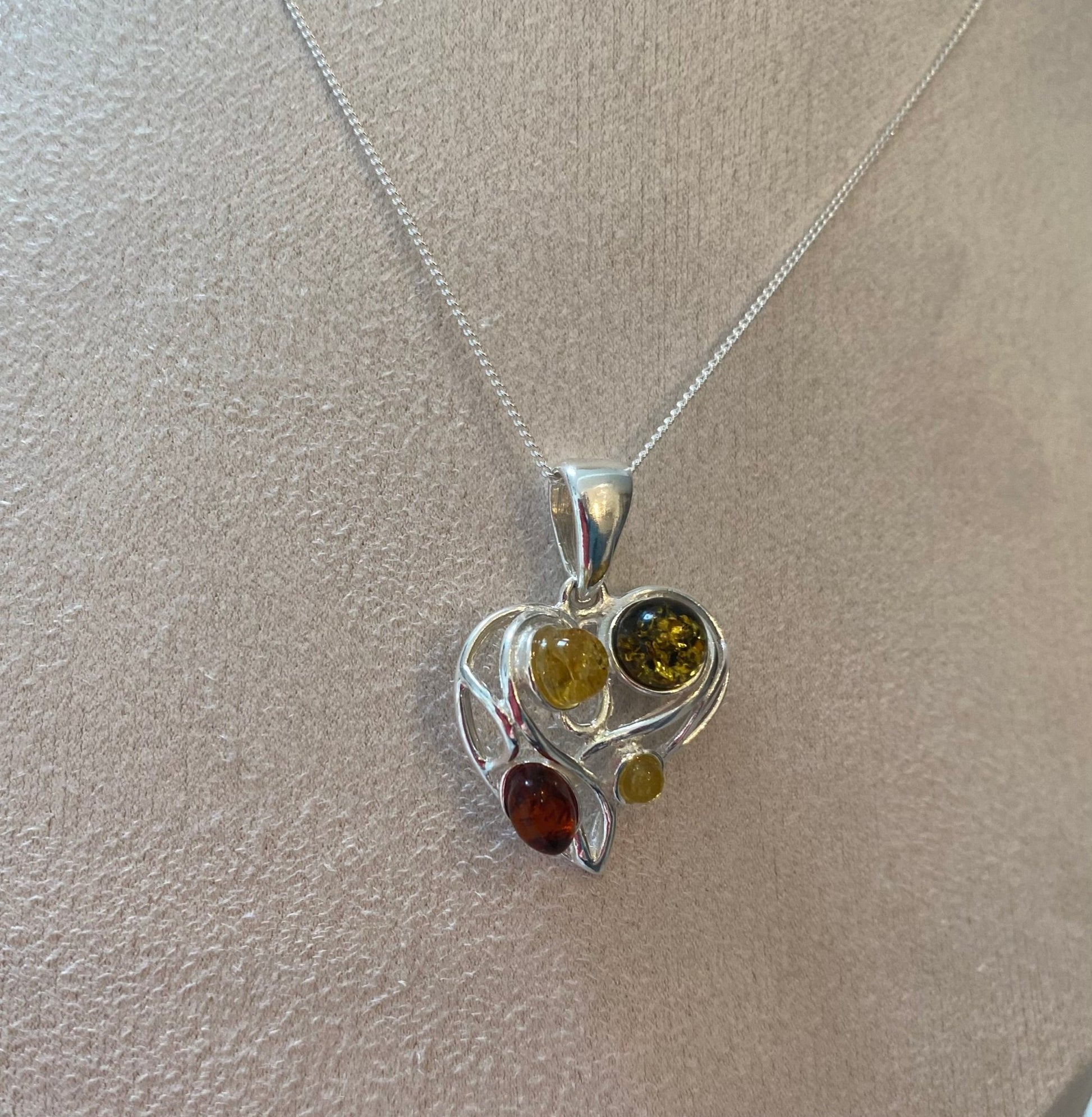 Mixed Colour Baltic Amber Heart Pendant in Sterling Silver - Louise's Jewellery Box
