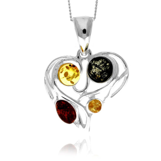 Mixed Colour Baltic Amber Heart Pendant in Sterling Silver - Louise's Jewellery Box