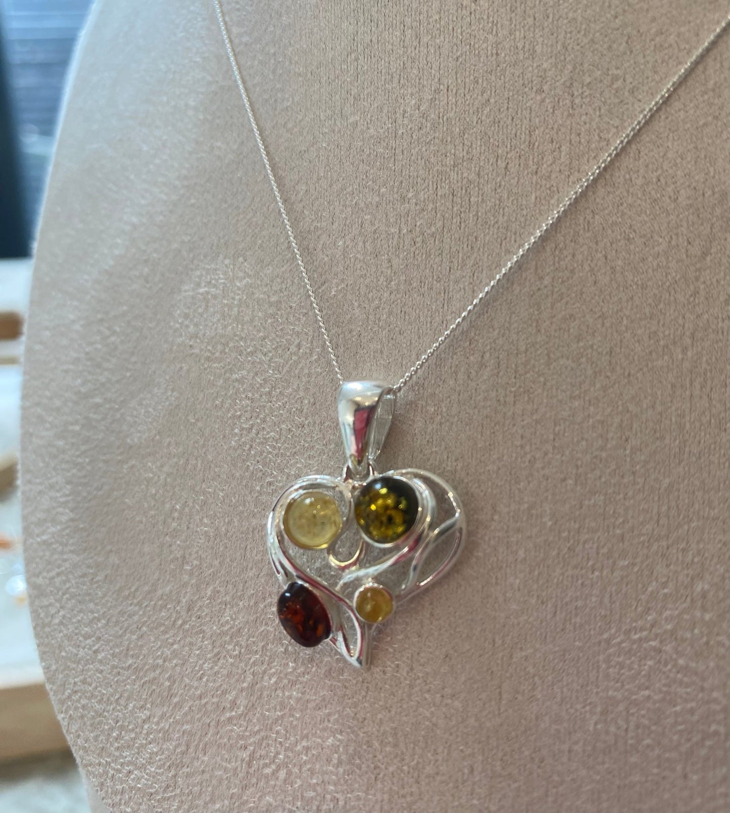 Mixed Colour Baltic Amber Heart Pendant in Sterling Silver - Louise's Jewellery Box