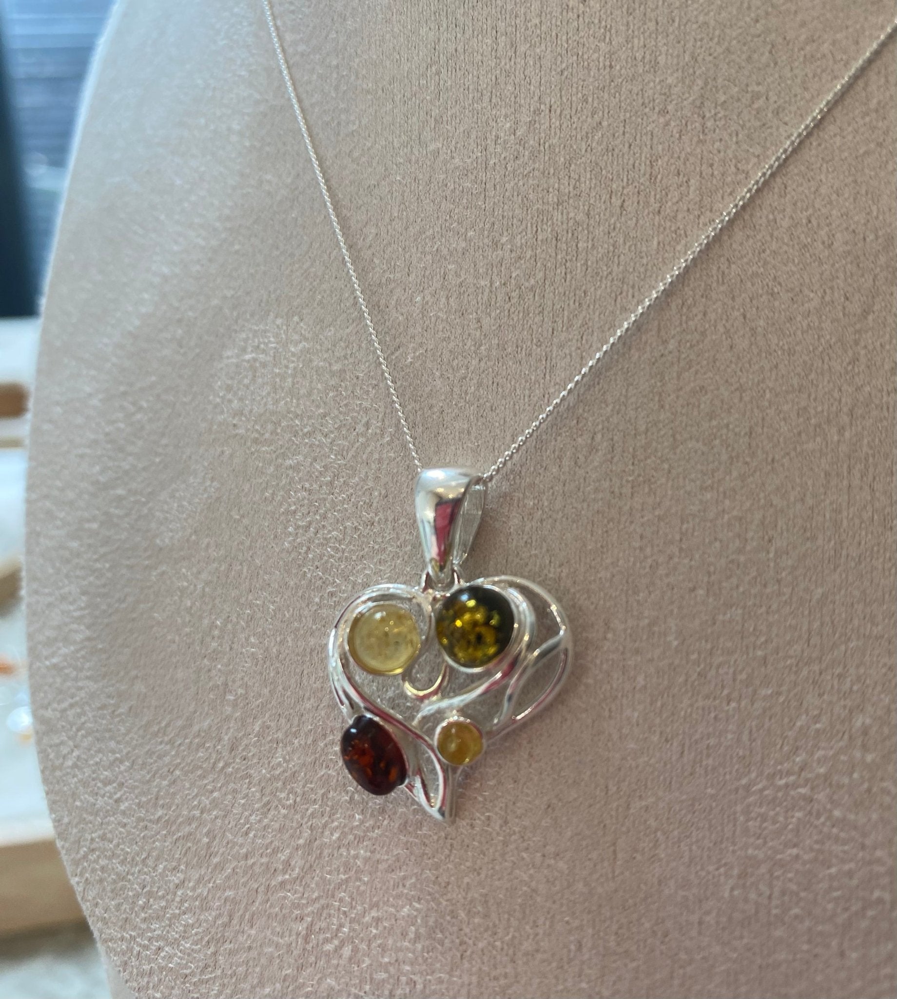 Mixed Colour Baltic Amber Heart Pendant in Sterling Silver - Louise's Jewellery Box