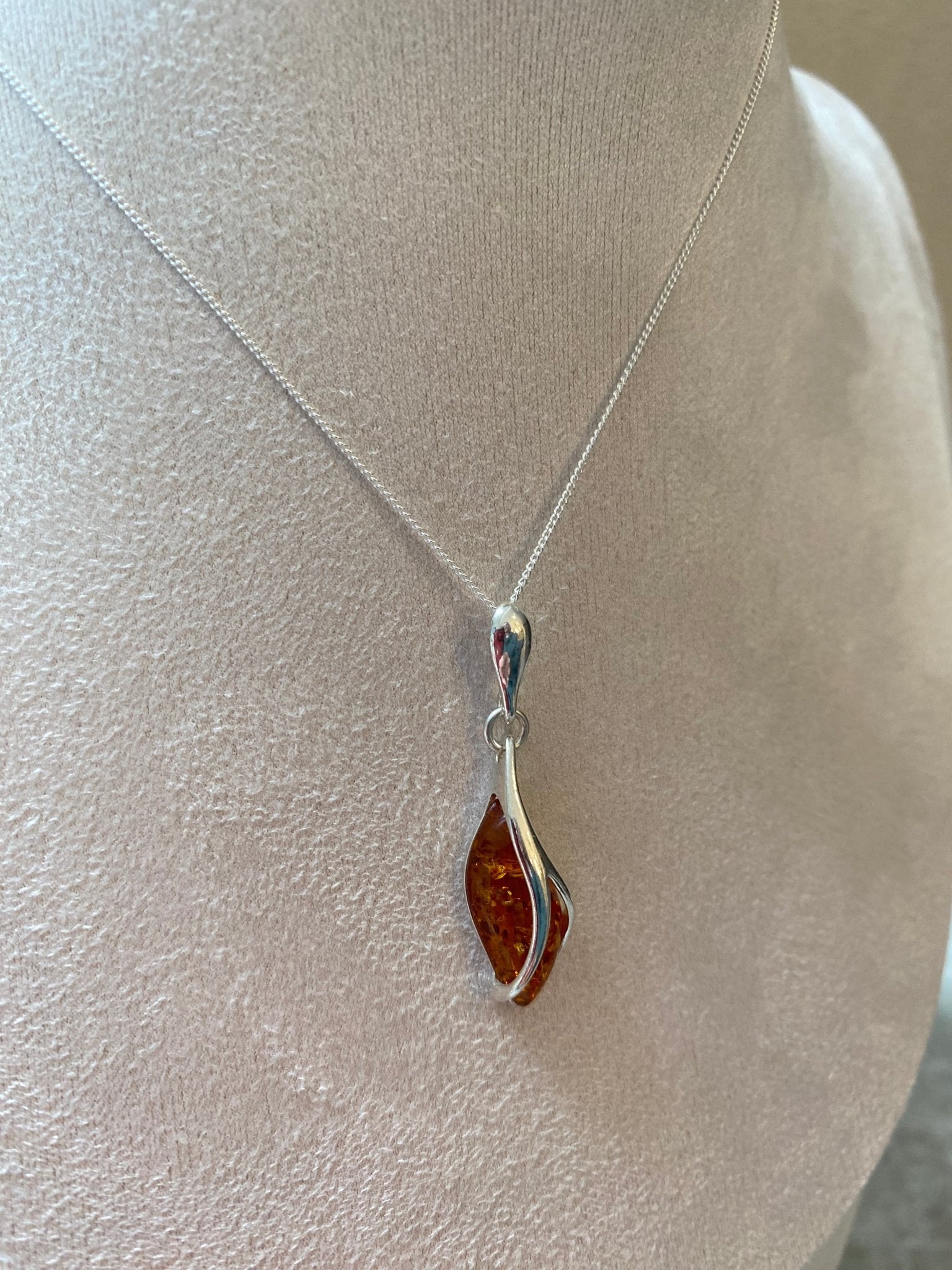Modern Drop Pendant in Sterling Silver and Cognac Baltic Amber - Louise's Jewellery Box